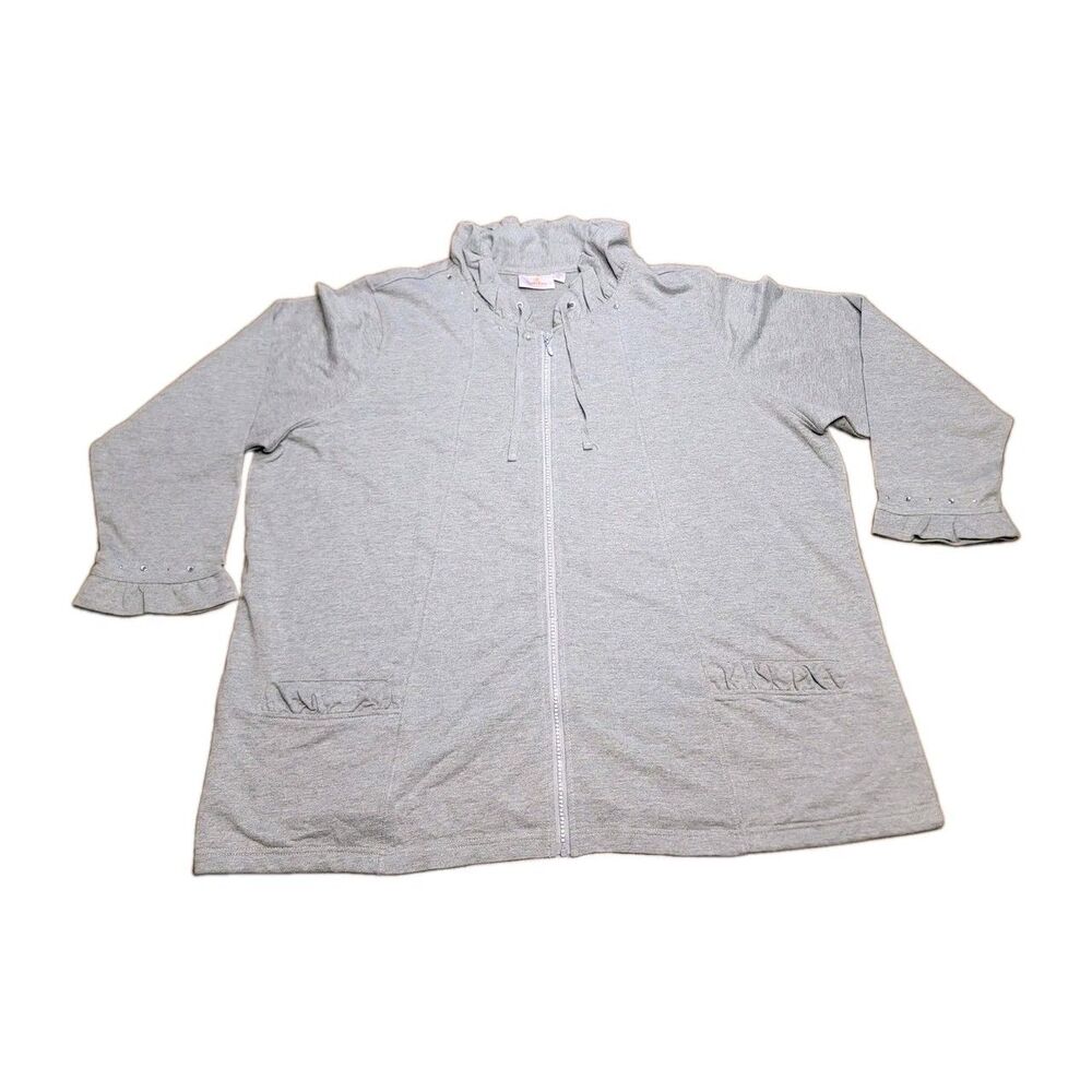 Quacker Factory Womens 3X Gray Jacket Mock Neck Jeweled Ruffled Neck